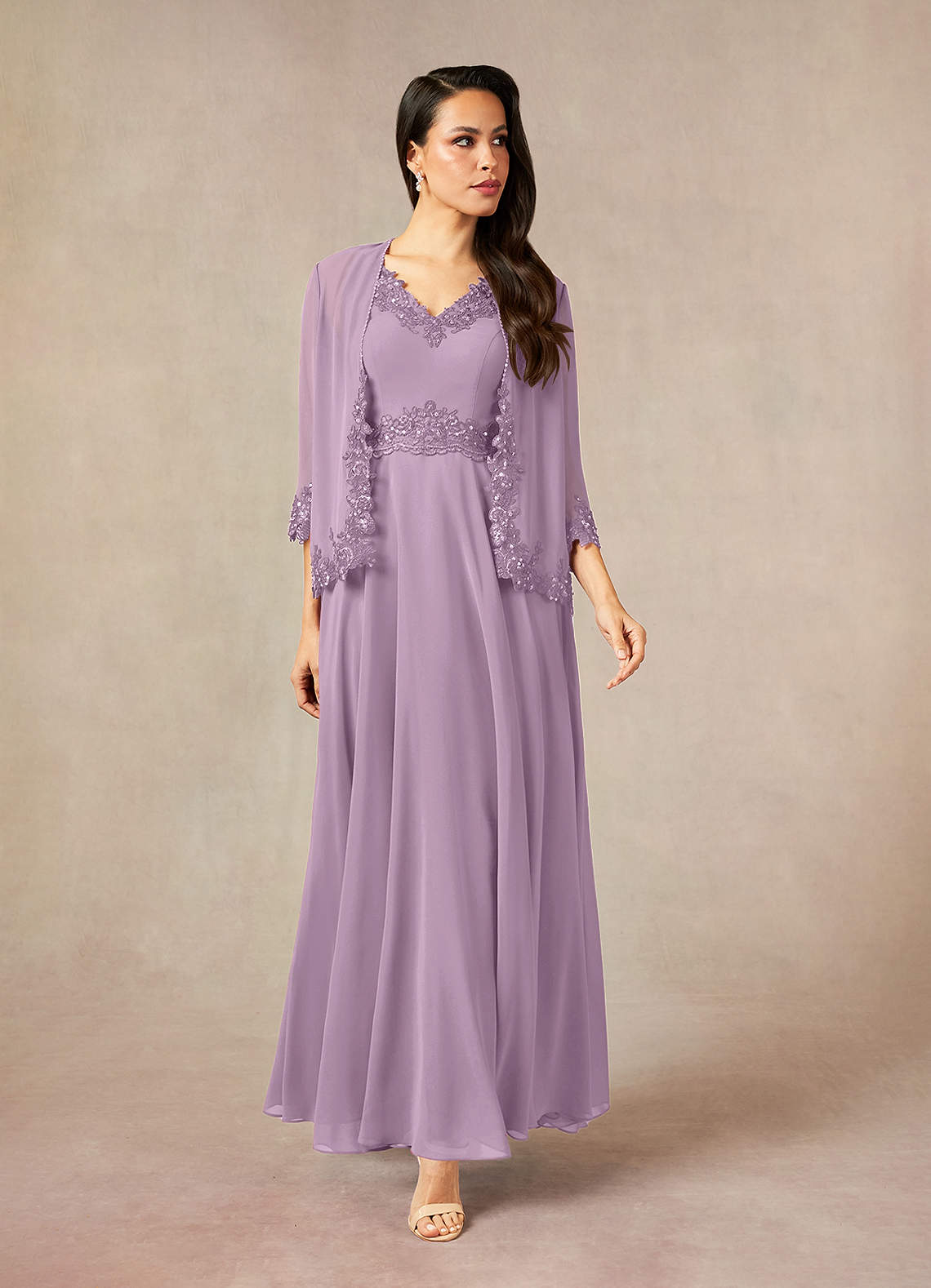 Devana A-Line V-Neck Chiffon and Lace Mother of the Bride Dress in Wisteria