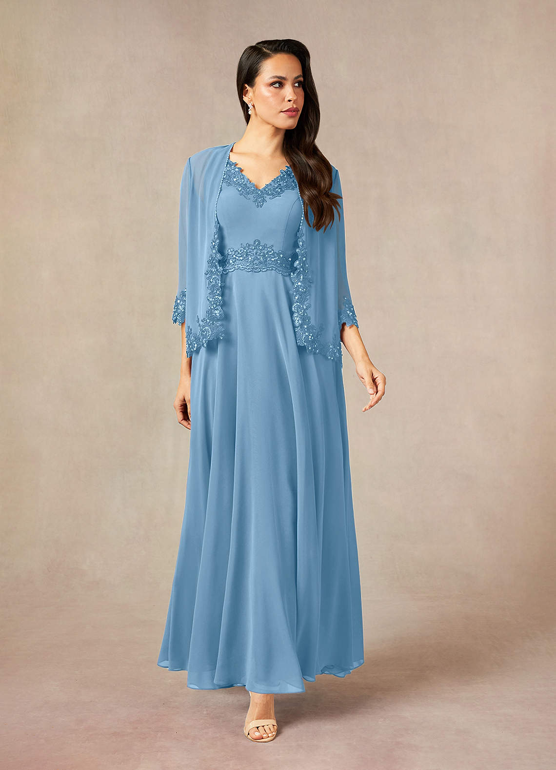 Devana A-Line V-Neck Chiffon and Lace Mother of the Bride Dress in Steel Blue