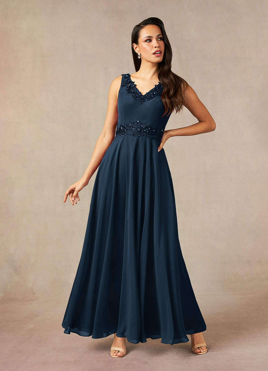 Devana A-Line V-Neck Chiffon and Lace Mother of the Bride Dress in Dark Navy