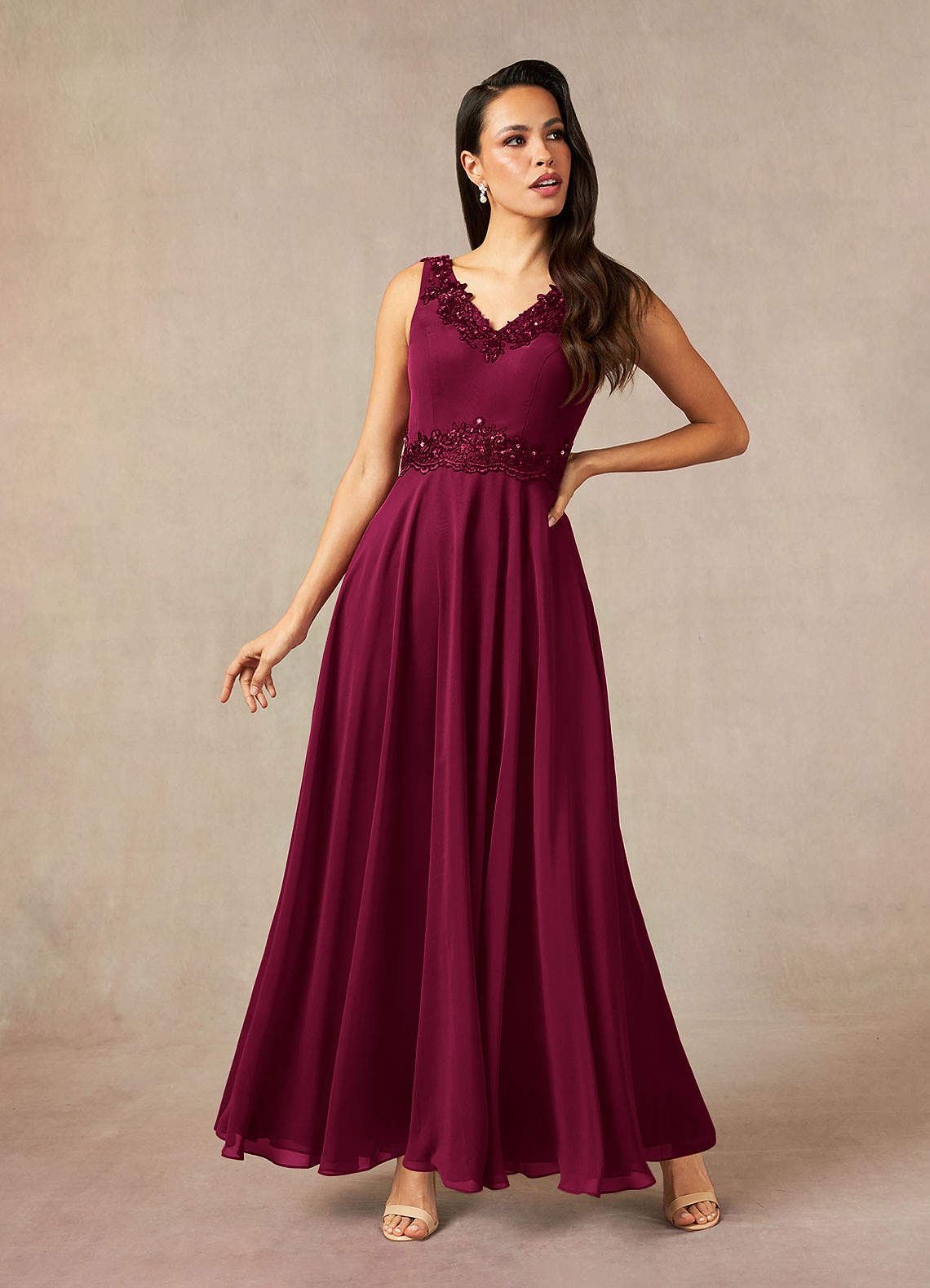 Devana A-Line V-Neck Chiffon and Lace Mother of the Bride Dress in Burgundy