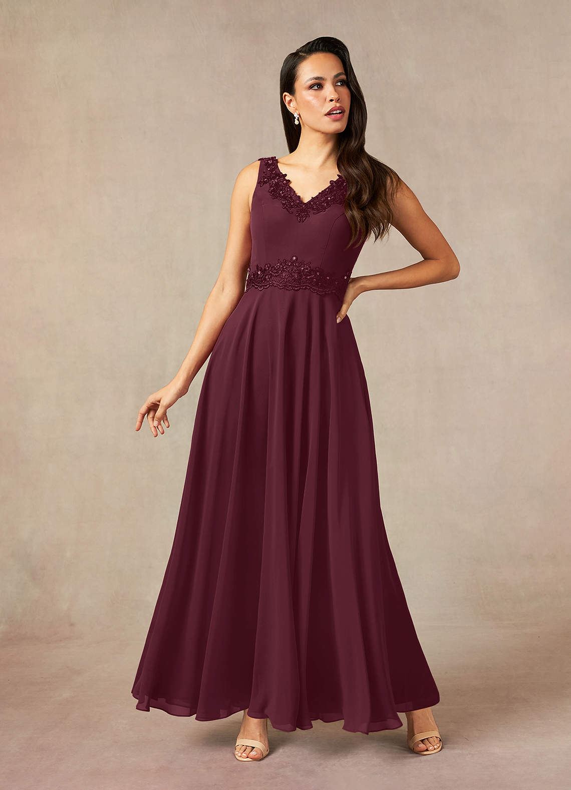 Devana A-Line V-Neck Chiffon and Lace Mother of the Bride Dress in Steel Grey