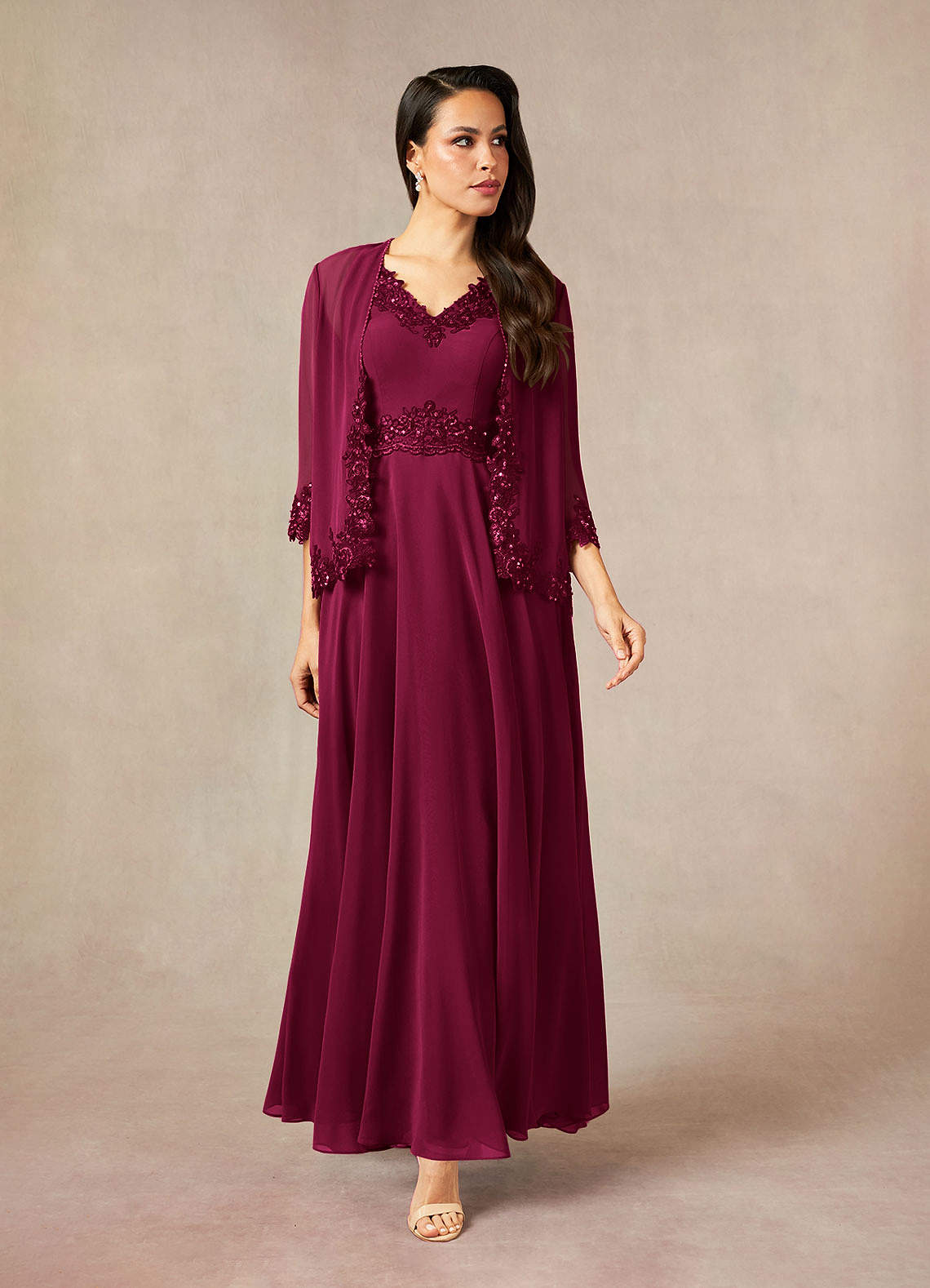 Devana A-Line V-Neck Chiffon and Lace Mother of the Bride Dress in Burgundy