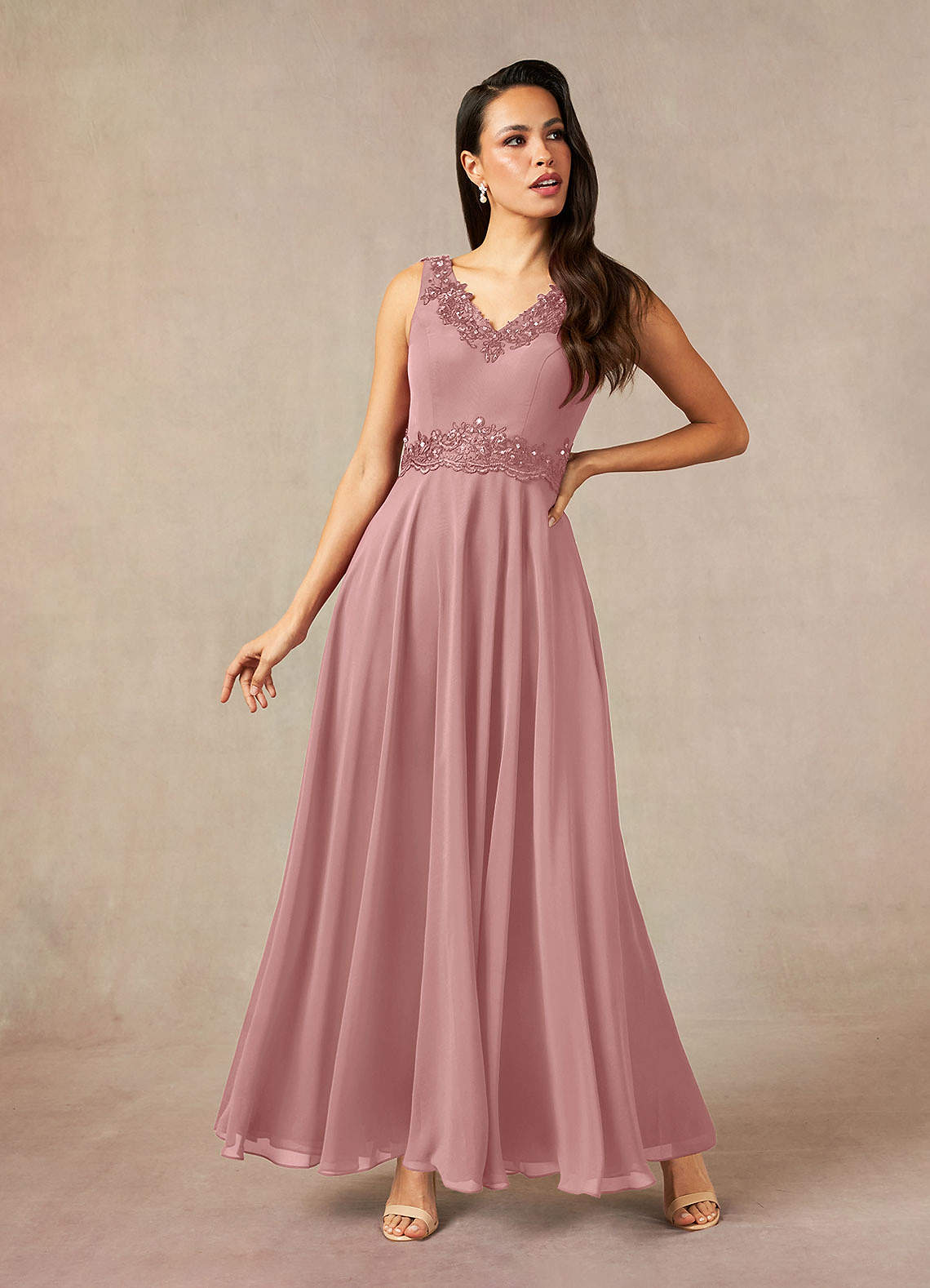 Devana A-Line V-Neck Chiffon and Lace Mother of the Bride Dress in Dusty Rose