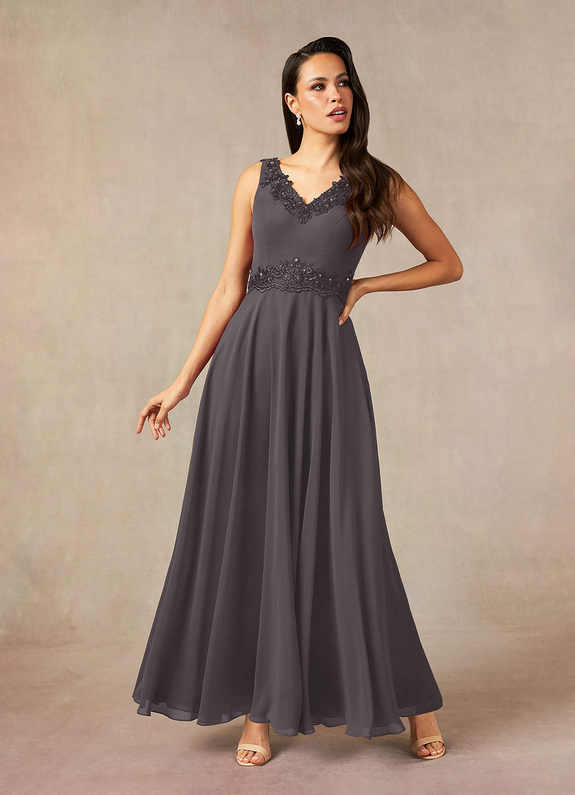 Devana A-Line V-Neck Chiffon and Lace Mother of the Bride Dress in black