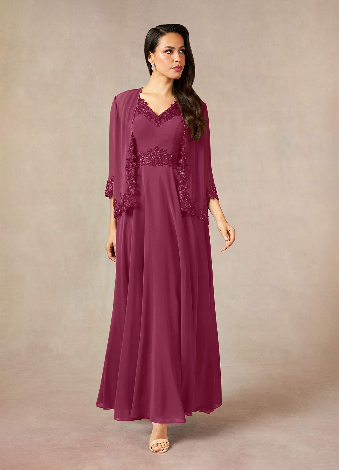 Devana A-Line V-Neck Chiffon and Lace Mother of the Bride Dress in Rust