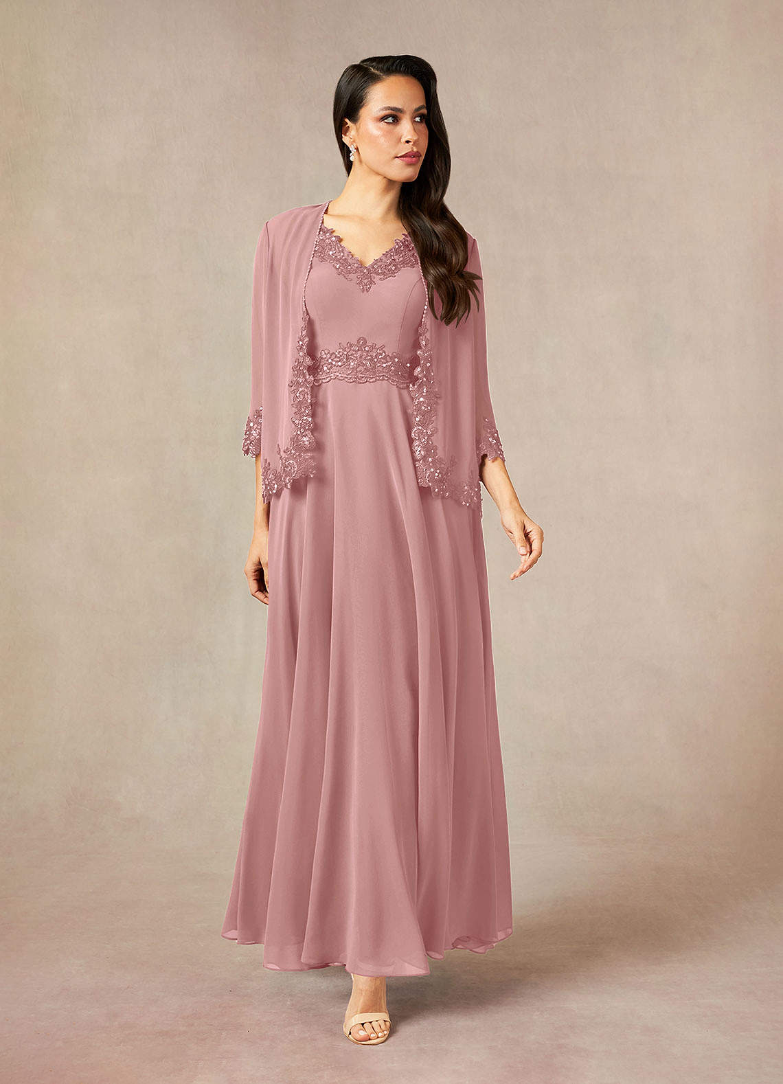 Devana A-Line V-Neck Chiffon and Lace Mother of the Bride Dress in Dusty Rose