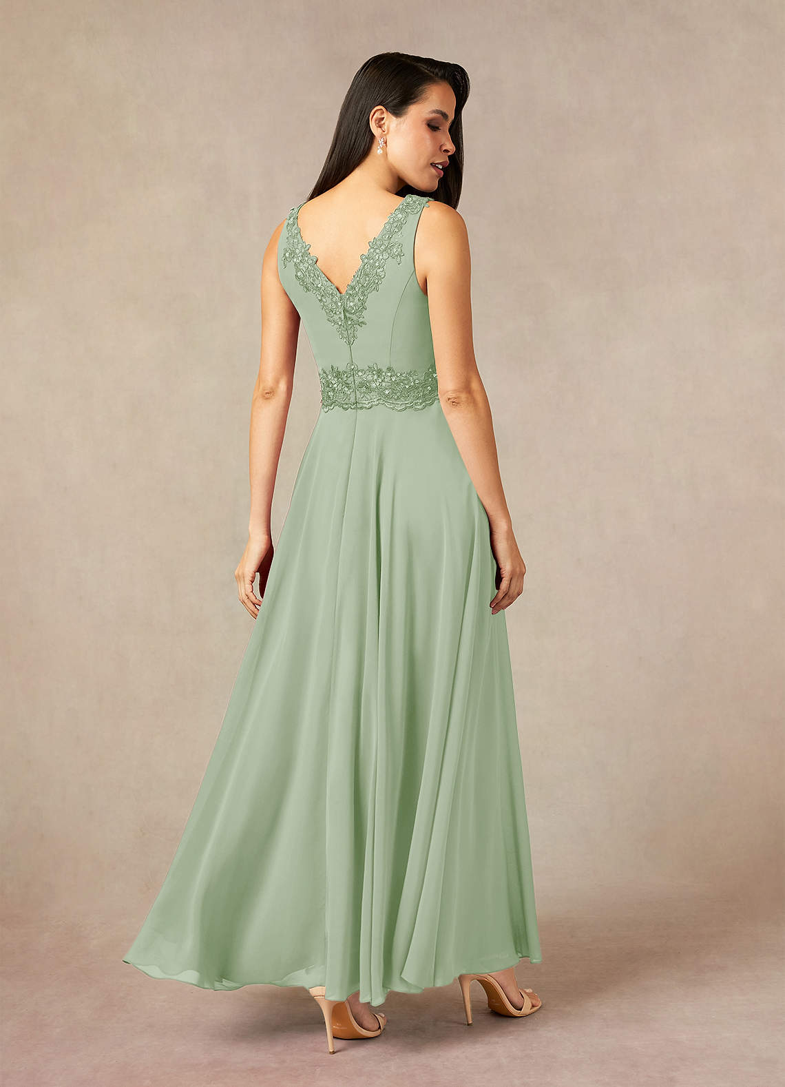 Devana A-Line V-Neck Chiffon and Lace Mother of the Bride Dress in Dusty Sage