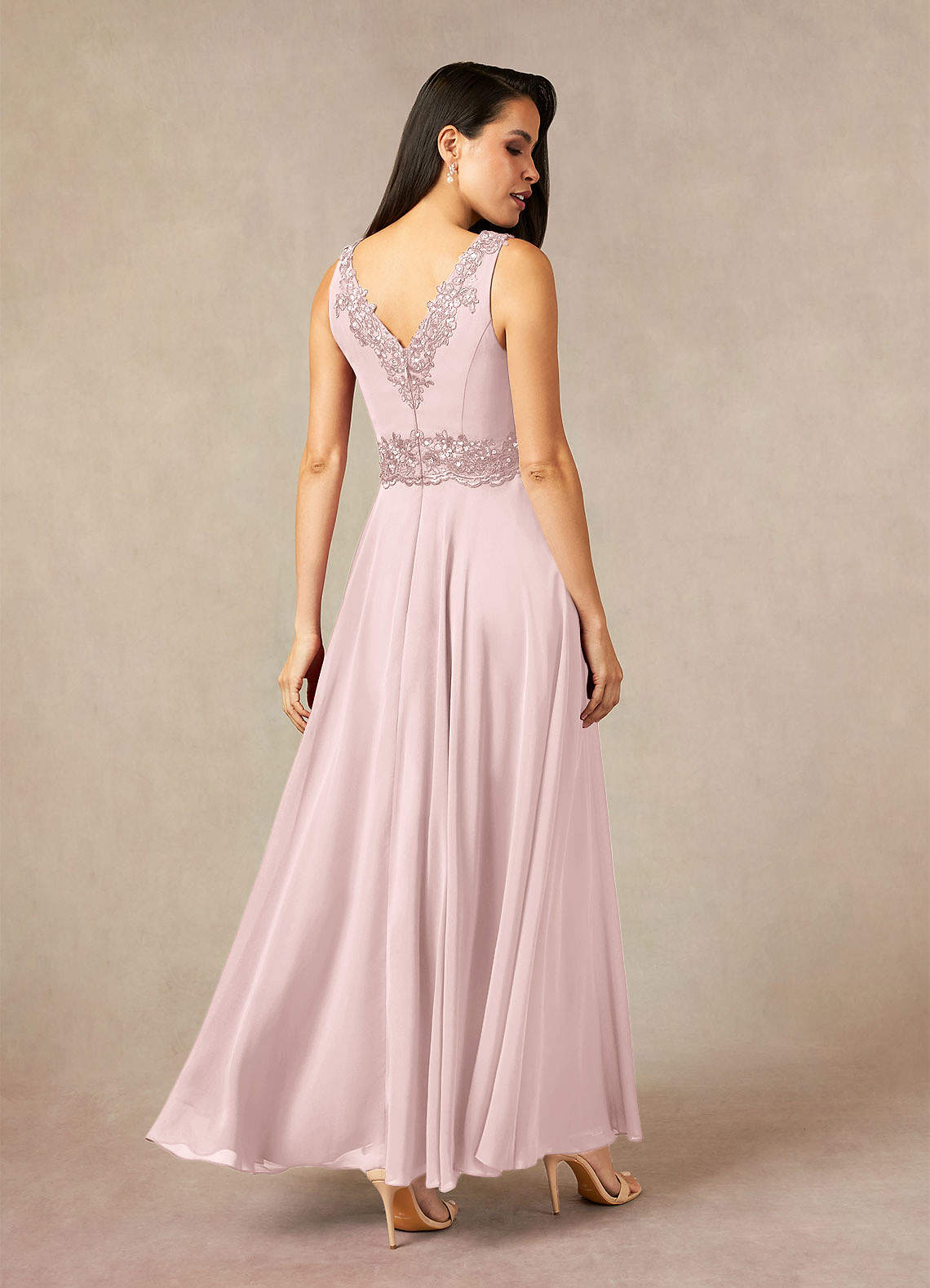 Devana A-Line V-Neck Chiffon and Lace Mother of the Bride Dress in Blushing Pink