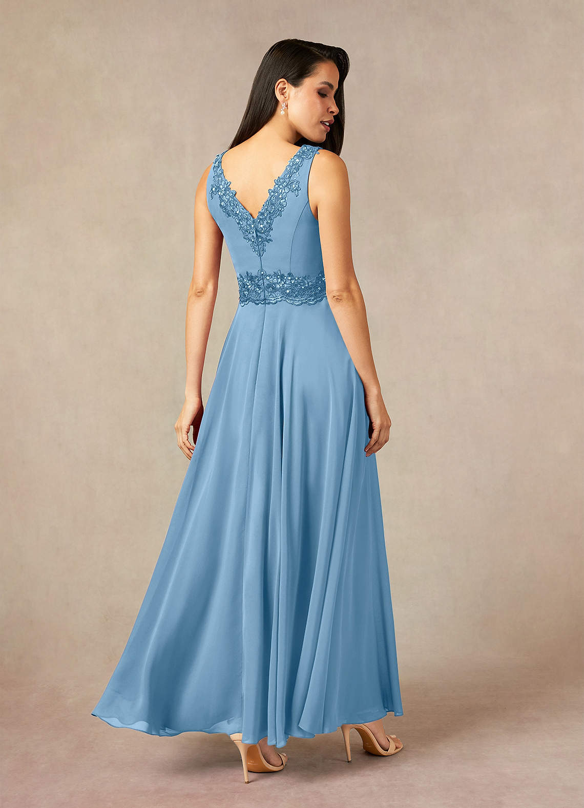 Devana A-Line V-Neck Chiffon and Lace Mother of the Bride Dress in Steel Blue