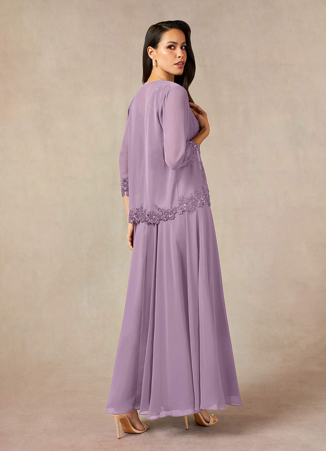 Devana A-Line V-Neck Chiffon and Lace Mother of the Bride Dress in Wisteria