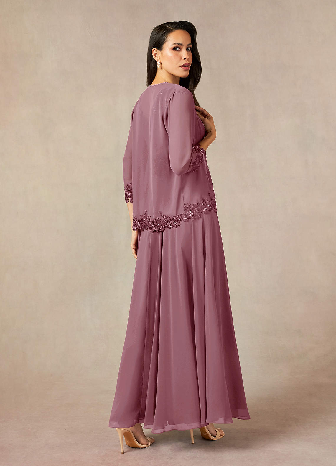 Devana A-Line V-Neck Chiffon and Lace Mother of the Bride Dress in Vintage Mauve