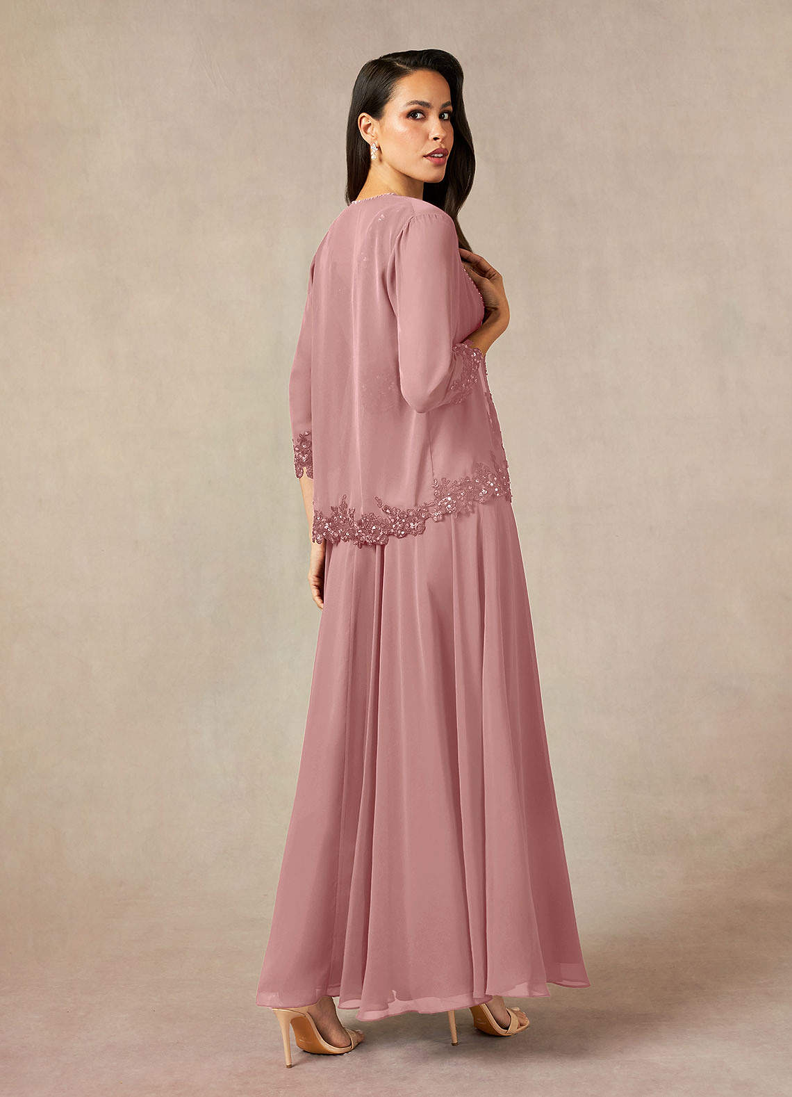 Devana A-Line V-Neck Chiffon and Lace Mother of the Bride Dress in Dusty Rose