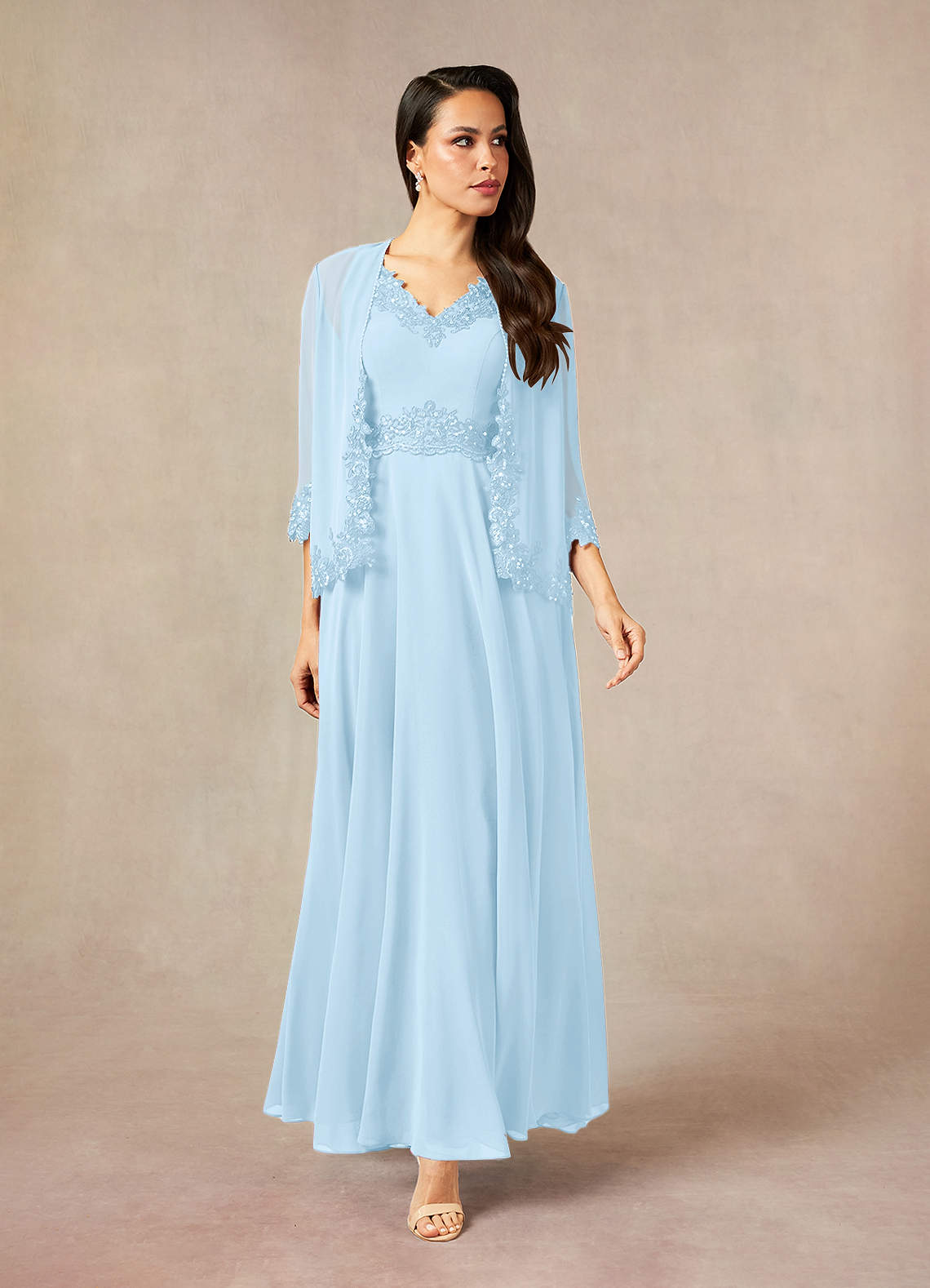 Devana A-Line V-Neck Chiffon and Lace Mother of the Bride Dress in Sky Blue
