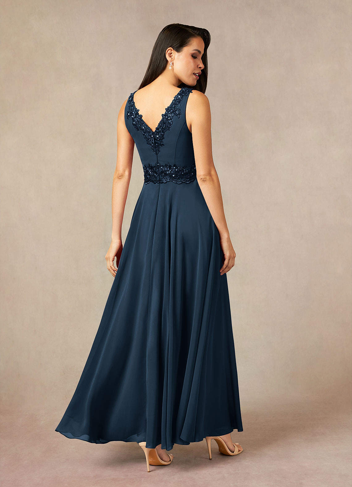 Devana A-Line V-Neck Chiffon and Lace Mother of the Bride Dress in Dark Navy