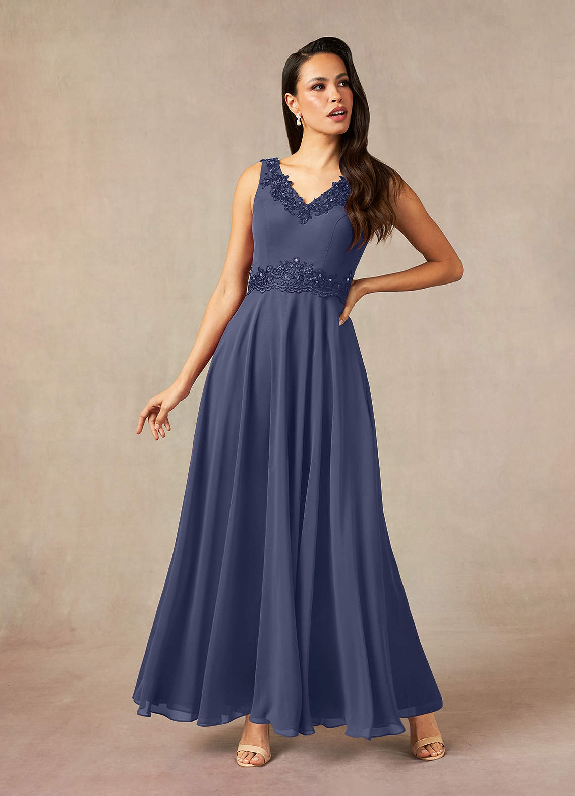Devana A-Line V-Neck Chiffon and Lace Mother of the Bride Dress in Stormy