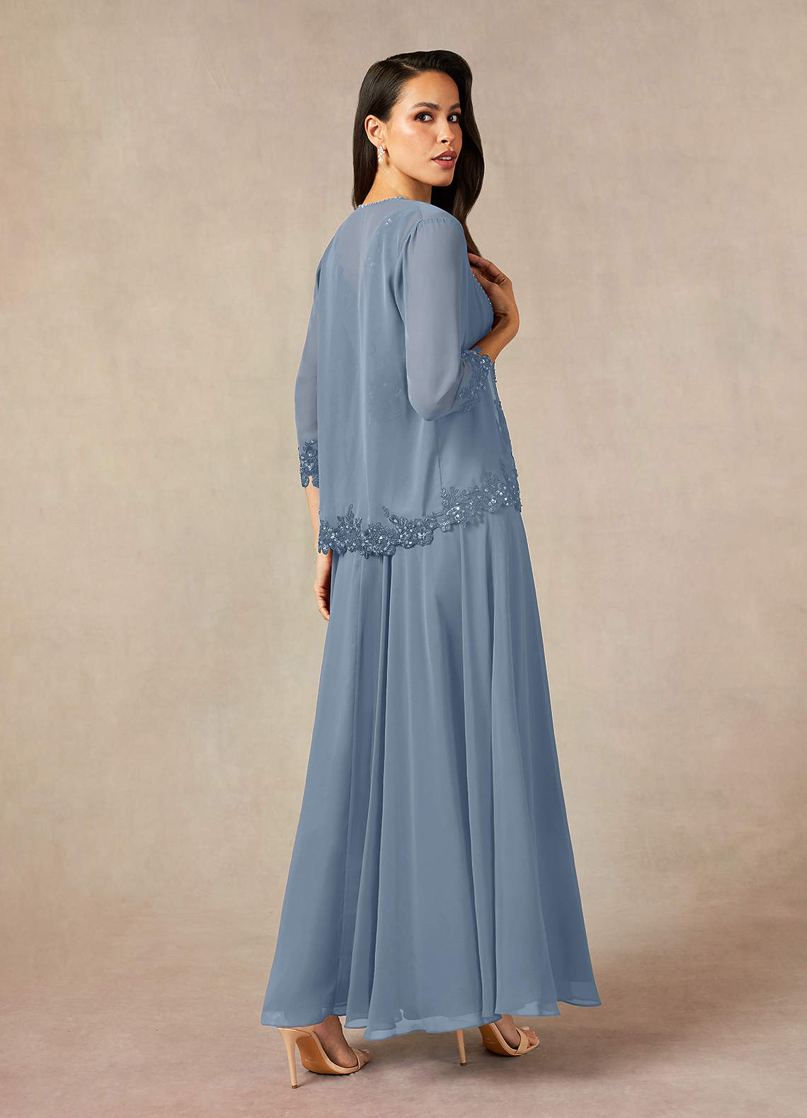 Devana A-Line V-Neck Chiffon and Lace Mother of the Bride Dress in dusty blue