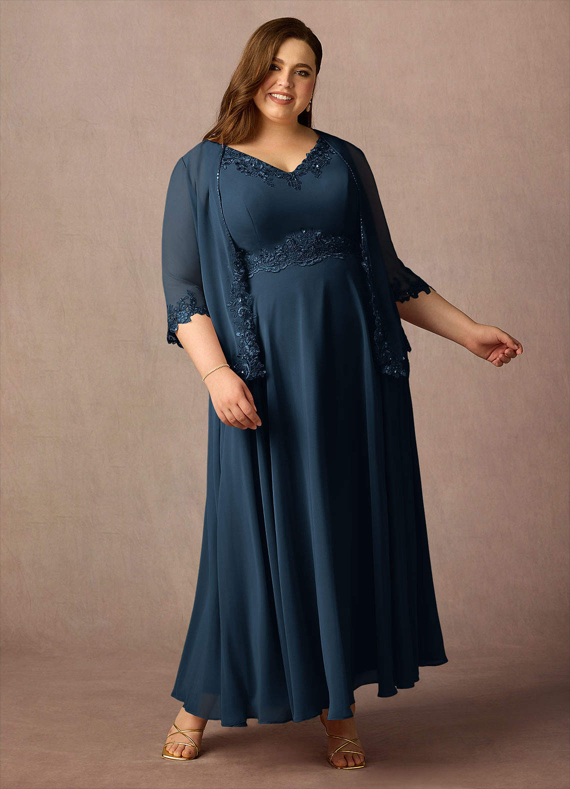 Devana A-Line V-Neck Chiffon and Lace Mother of the Bride Dress