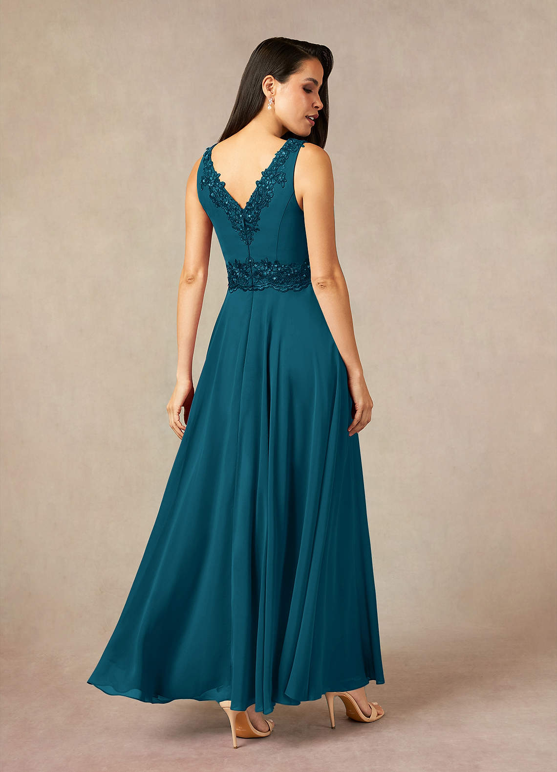 Devana A-Line V-Neck Chiffon and Lace Mother of the Bride Dress in Ink Blue