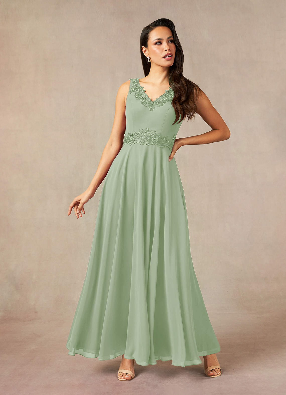 Devana A-Line V-Neck Chiffon and Lace Mother of the Bride Dress in Dusty Sage