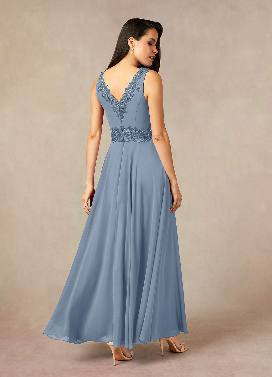 Devana A-Line V-Neck Chiffon and Lace Mother of the Bride Dress in dusty blue