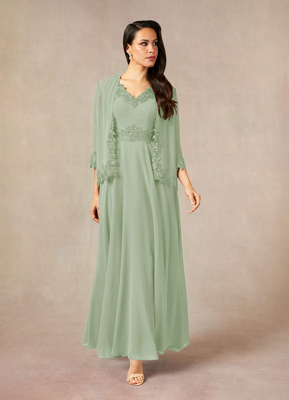 Devana A-Line V-Neck Chiffon and Lace Mother of the Bride Dress in Dusty Sage