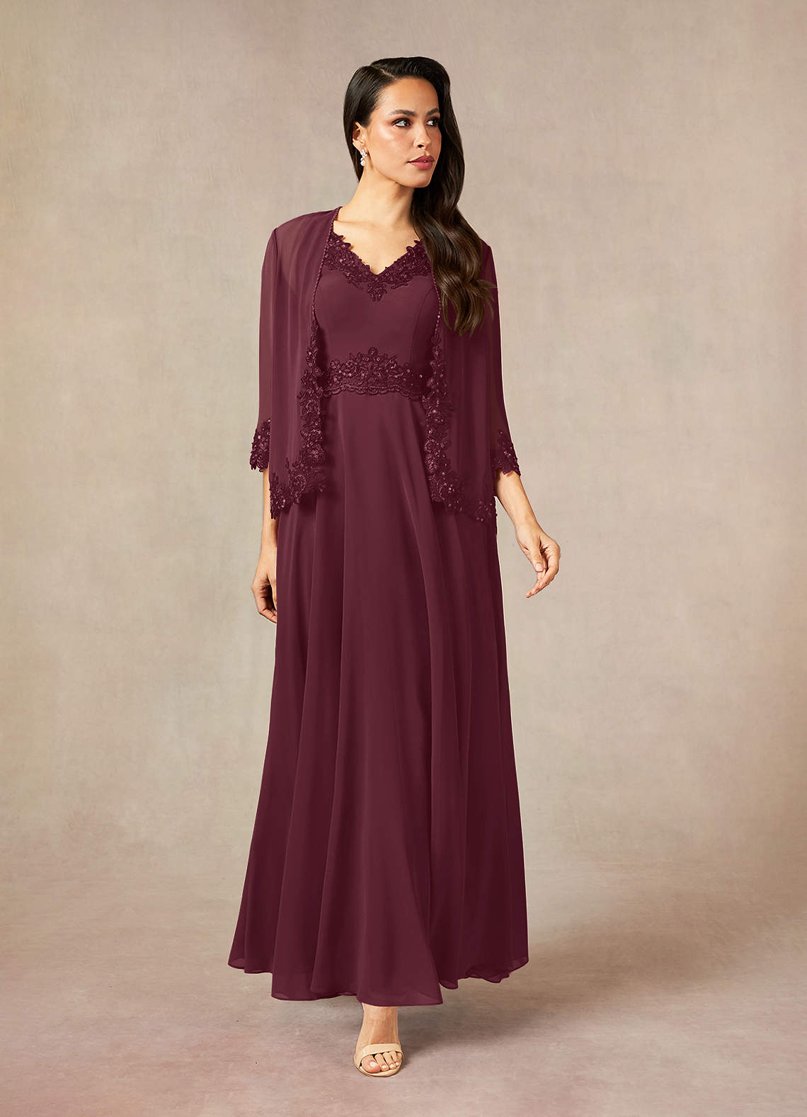 Devana A-Line V-Neck Chiffon and Lace Mother of the Bride Dress in Steel Grey