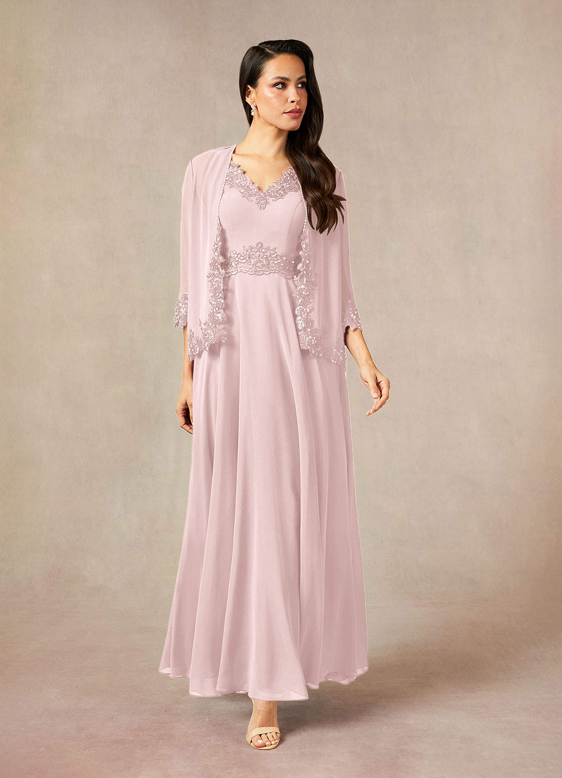 Devana A-Line V-Neck Chiffon and Lace Mother of the Bride Dress in Blushing Pink