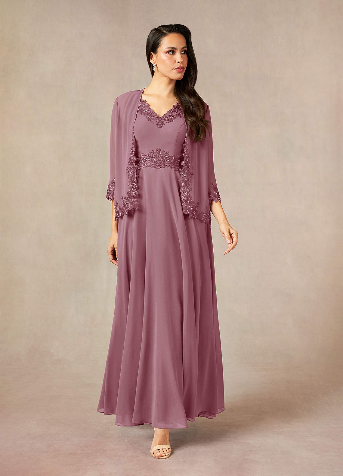 Devana A-Line V-Neck Chiffon and Lace Mother of the Bride Dress in Vintage Mauve