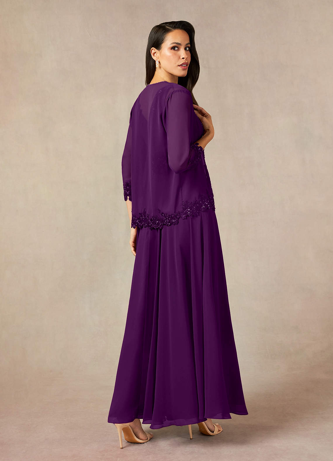 Devana A-Line V-Neck Chiffon and Lace Mother of the Bride Dress in Grape