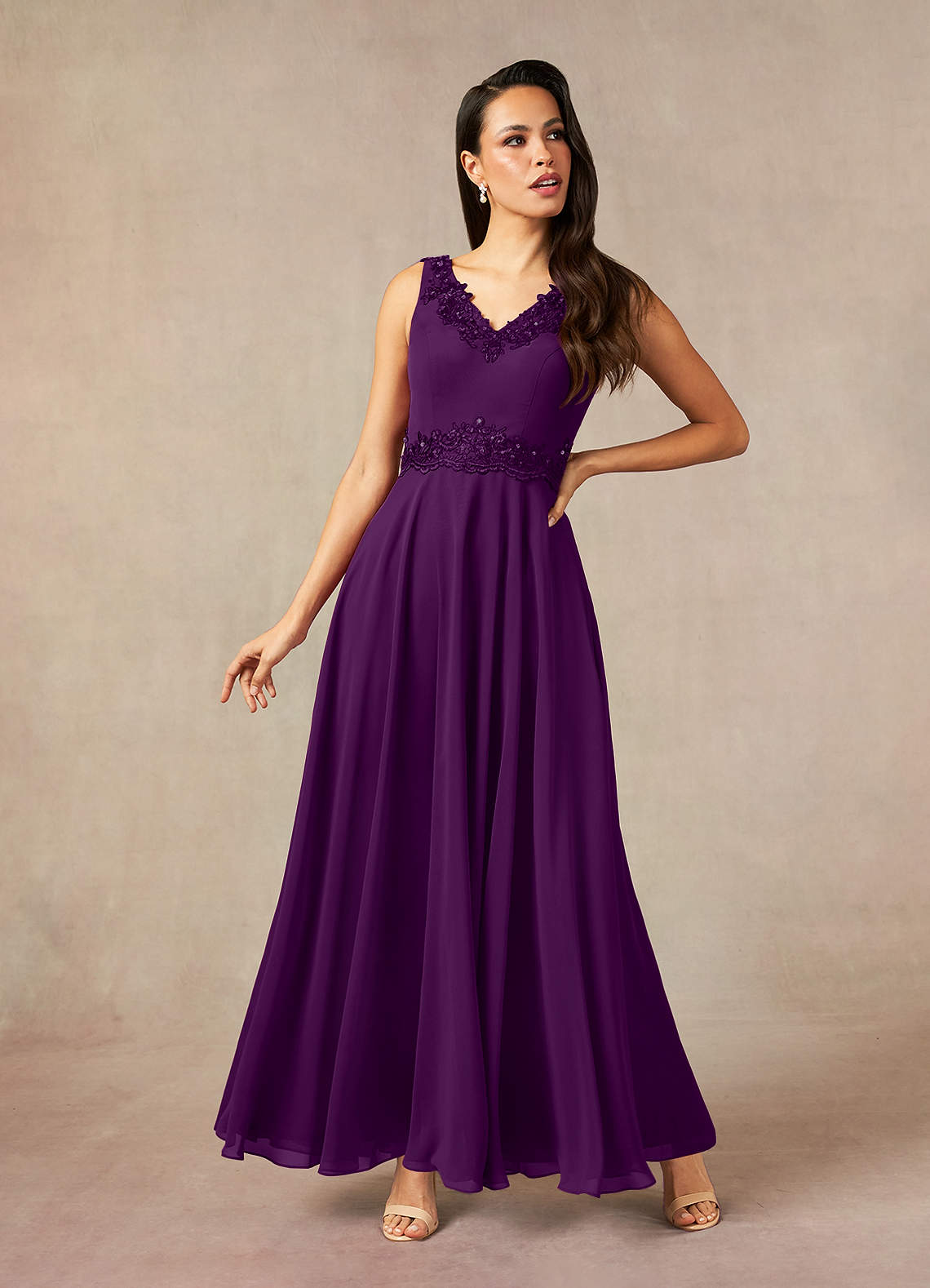 Devana A-Line V-Neck Chiffon and Lace Mother of the Bride Dress in Grape