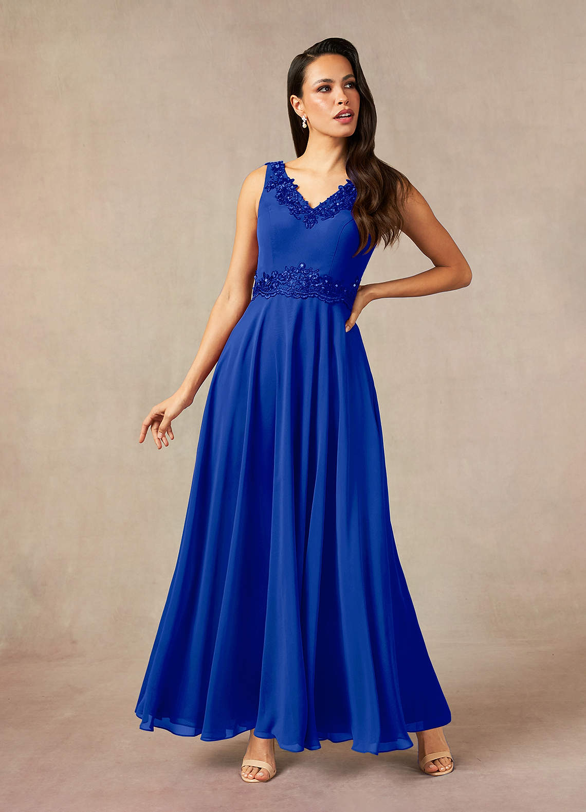 Devana A-Line V-Neck Chiffon and Lace Mother of the Bride Dress in Royal Blue