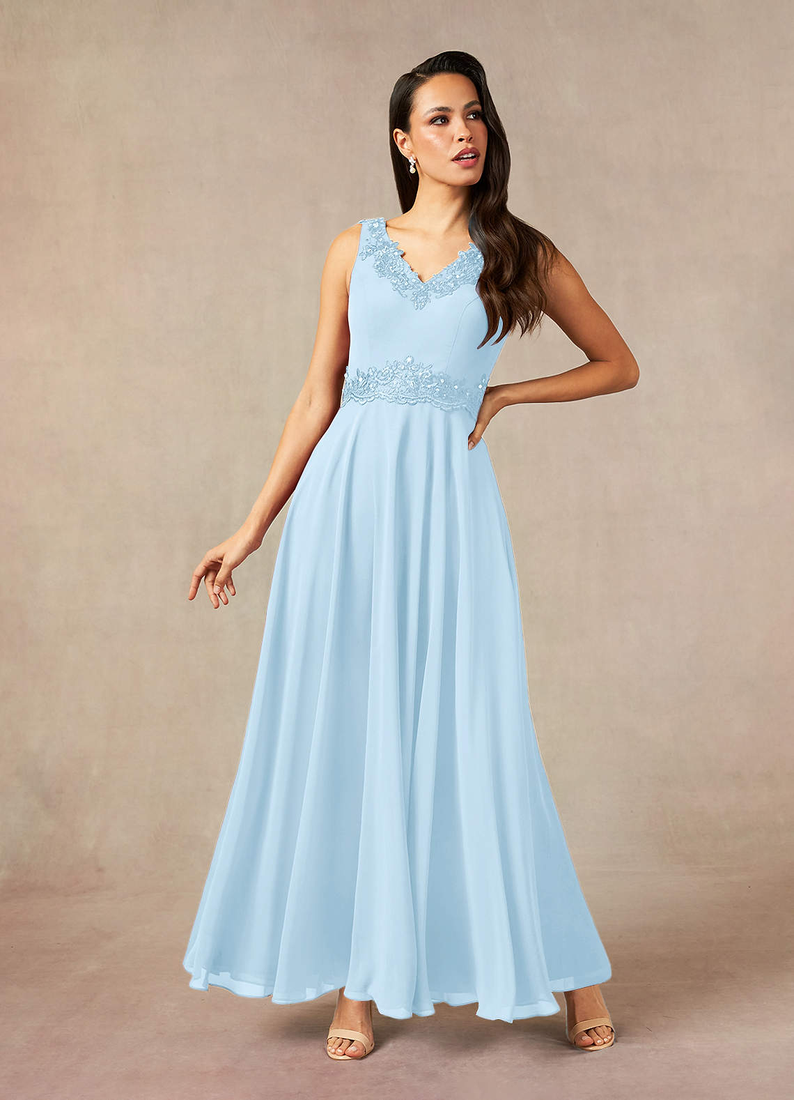 Devana A-Line V-Neck Chiffon and Lace Mother of the Bride Dress in Sky Blue