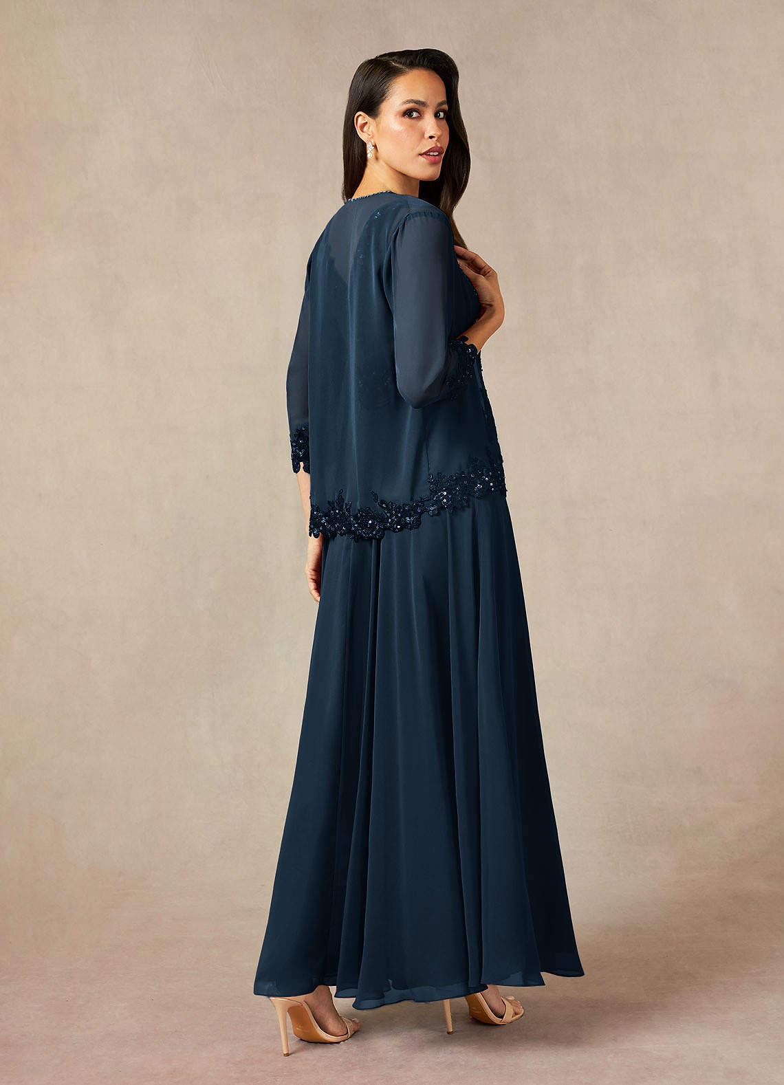 Devana A-Line V-Neck Chiffon and Lace Mother of the Bride Dress in Dark Navy