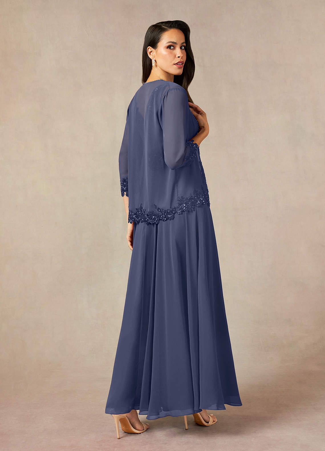 Devana A-Line V-Neck Chiffon and Lace Mother of the Bride Dress in Stormy