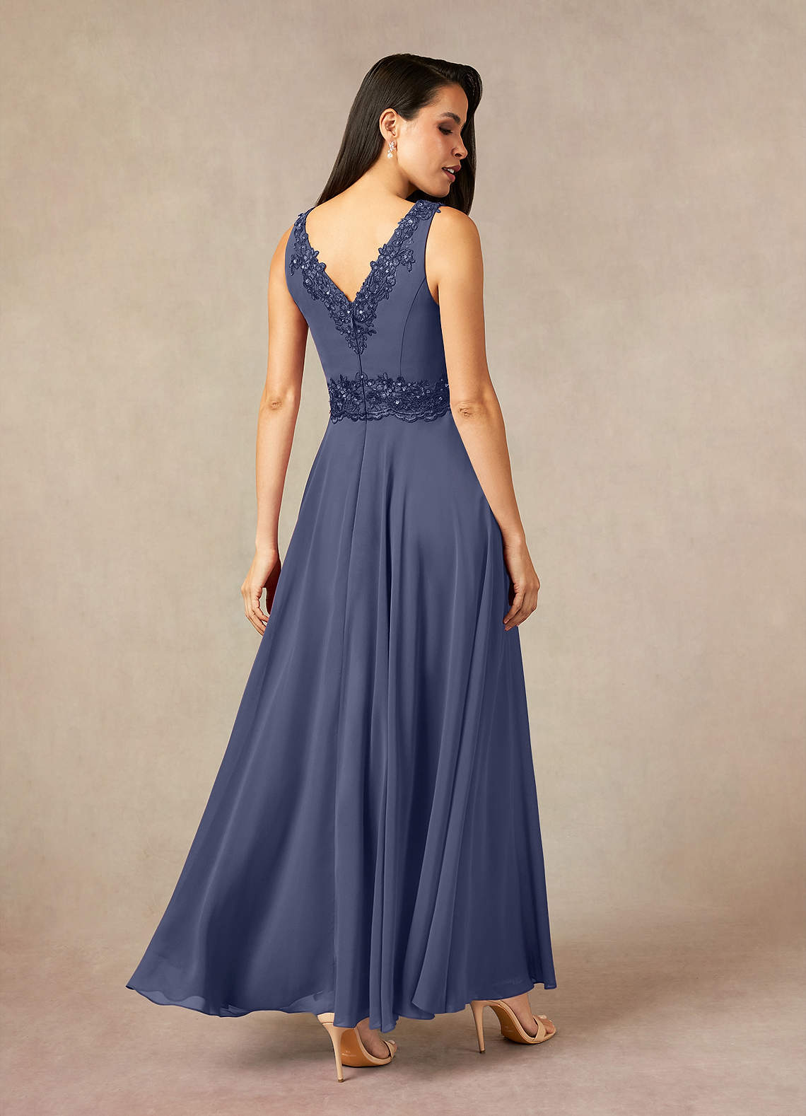 Devana A-Line V-Neck Chiffon and Lace Mother of the Bride Dress in Stormy