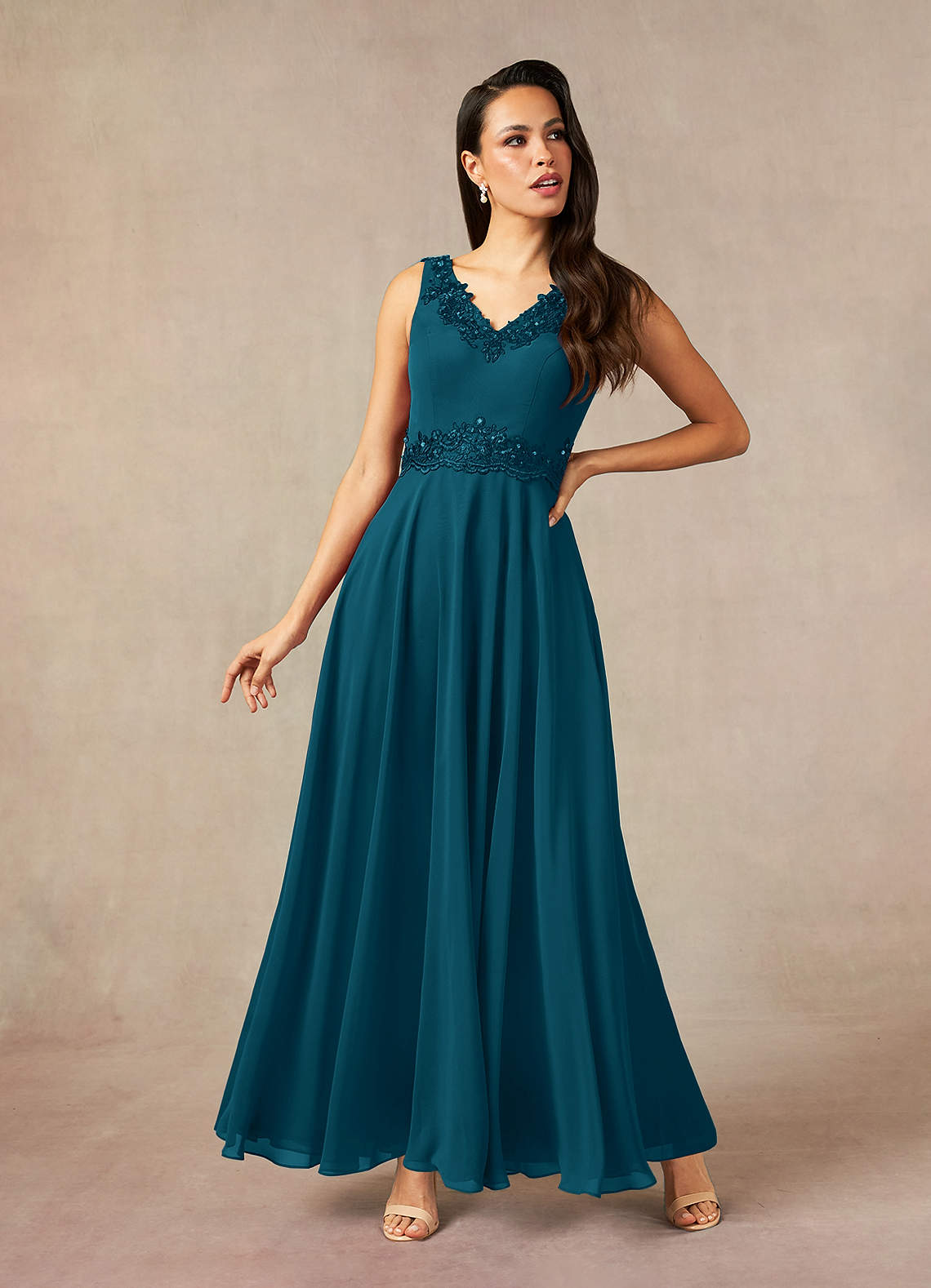 Devana A-Line V-Neck Chiffon and Lace Mother of the Bride Dress in Ink Blue