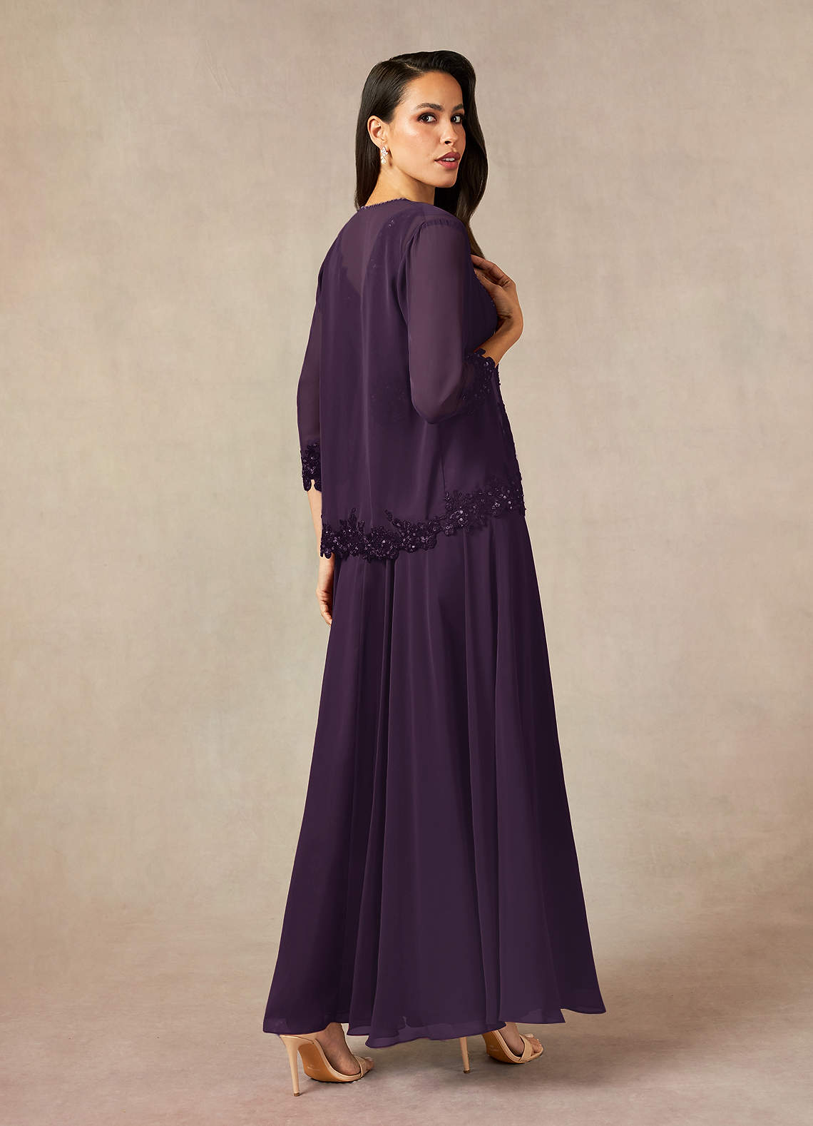 Devana A-Line V-Neck Chiffon and Lace Mother of the Bride Dress in Plum
