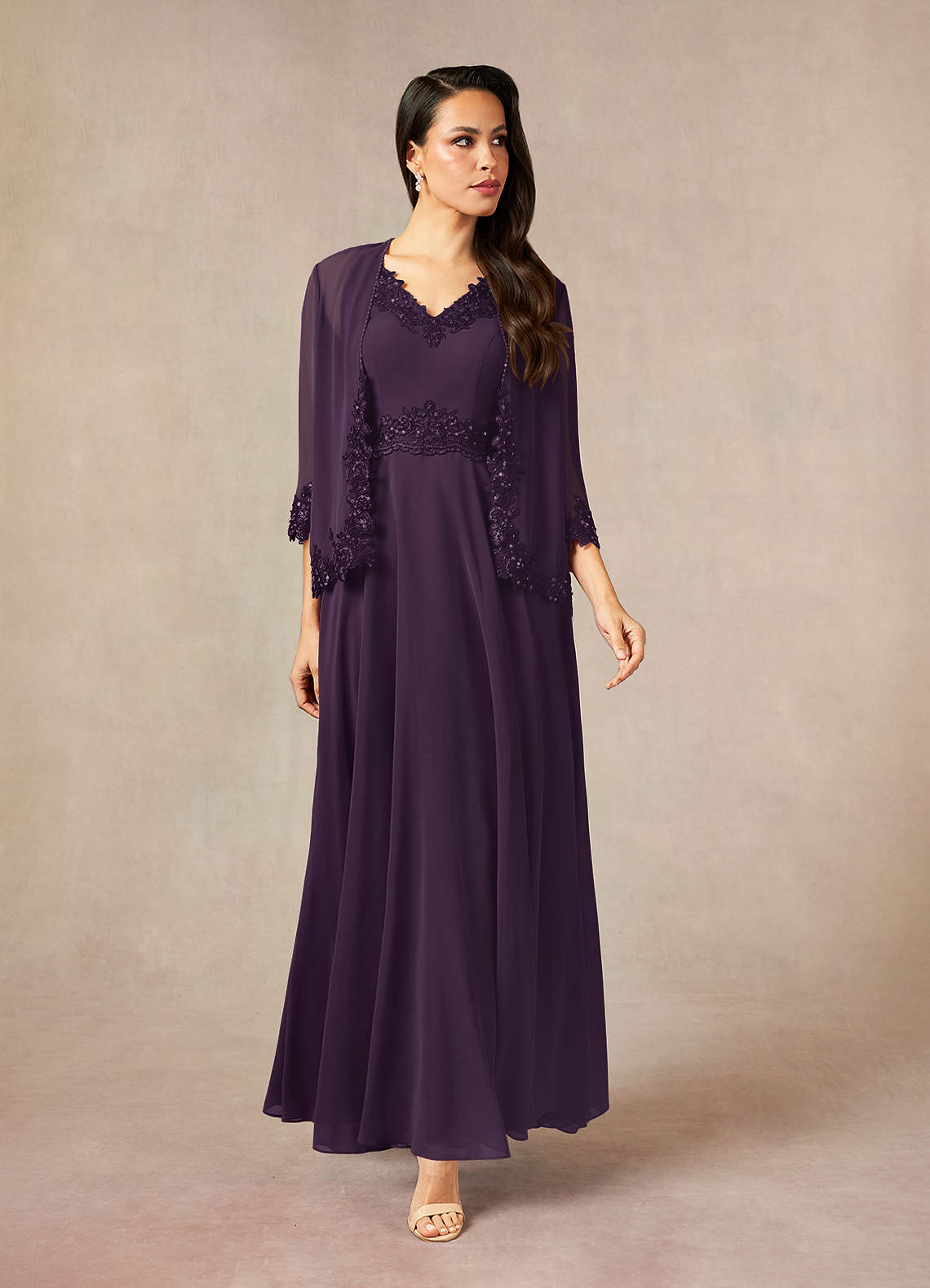Devana A-Line V-Neck Chiffon and Lace Mother of the Bride Dress in Plum