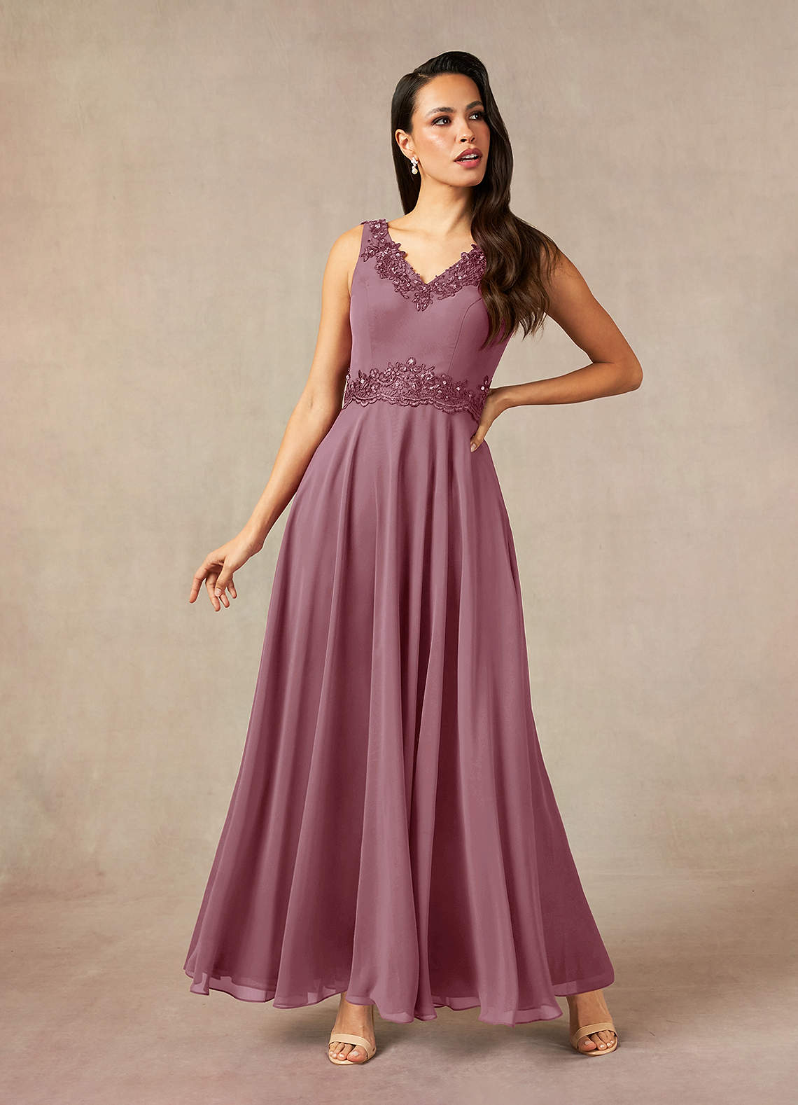 Devana A-Line V-Neck Chiffon and Lace Mother of the Bride Dress in Vintage Mauve