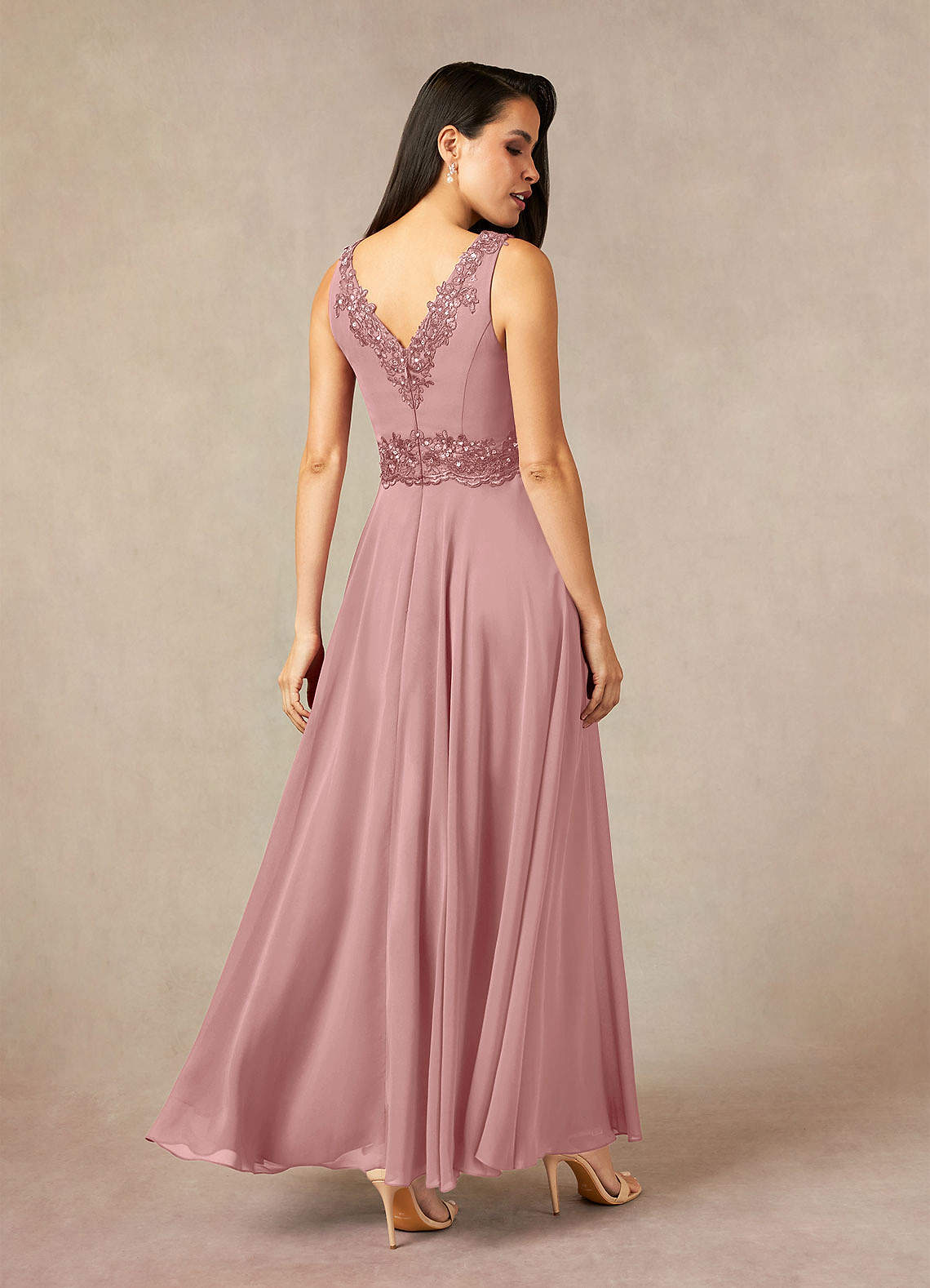 Devana A-Line V-Neck Chiffon and Lace Mother of the Bride Dress in Dusty Rose