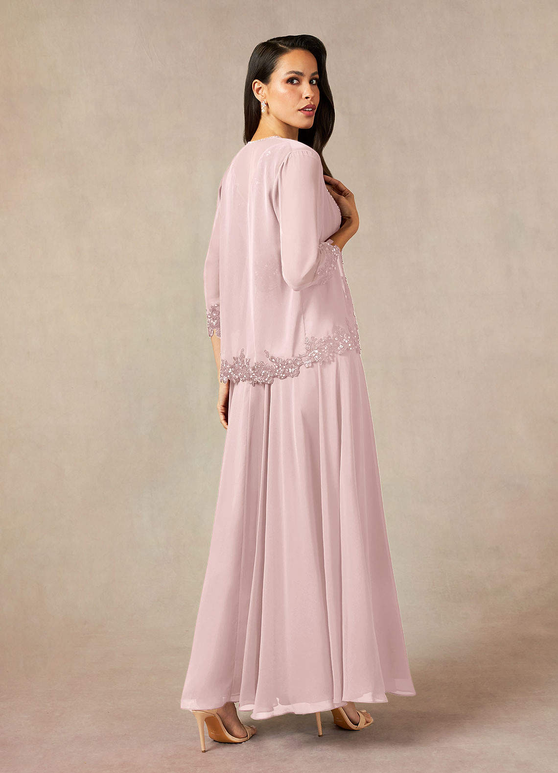 Devana A-Line V-Neck Chiffon and Lace Mother of the Bride Dress in Blushing Pink