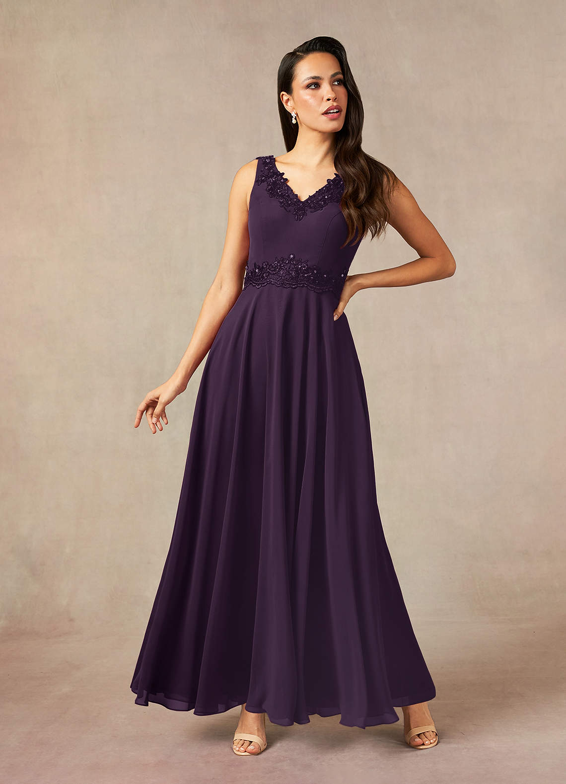 Devana A-Line V-Neck Chiffon and Lace Mother of the Bride Dress in Plum