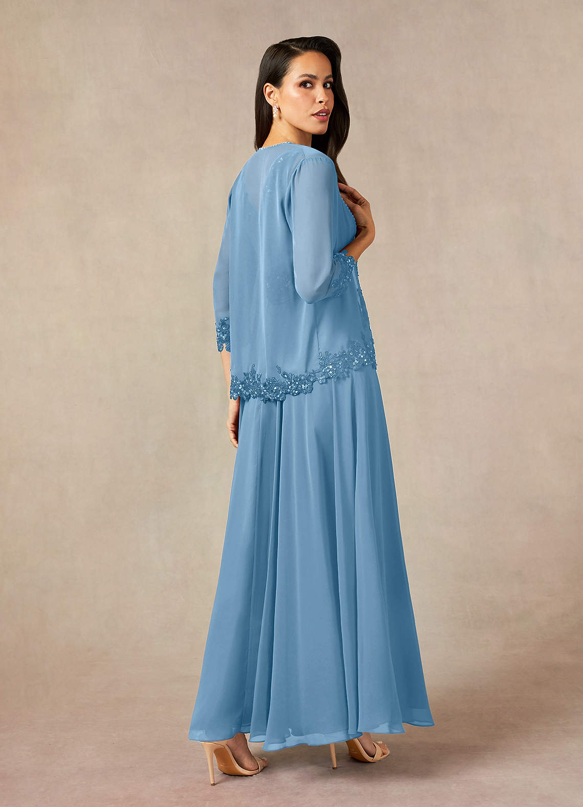 Devana A-Line V-Neck Chiffon and Lace Mother of the Bride Dress in Steel Blue
