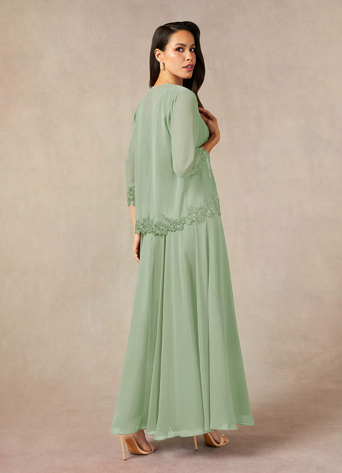 Devana A-Line V-Neck Chiffon and Lace Mother of the Bride Dress in Dusty Sage