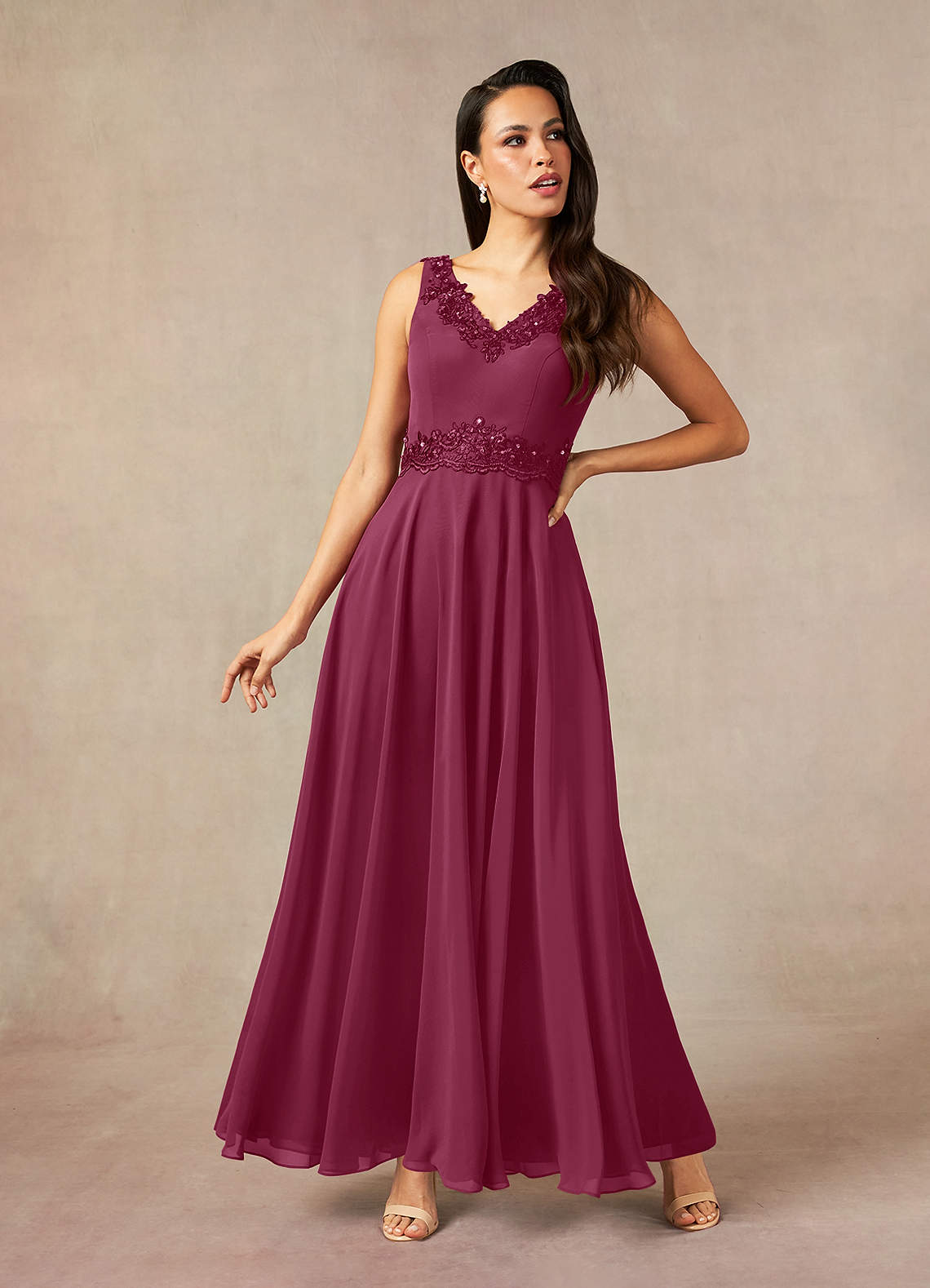 Devana A-Line V-Neck Chiffon and Lace Mother of the Bride Dress in Rust