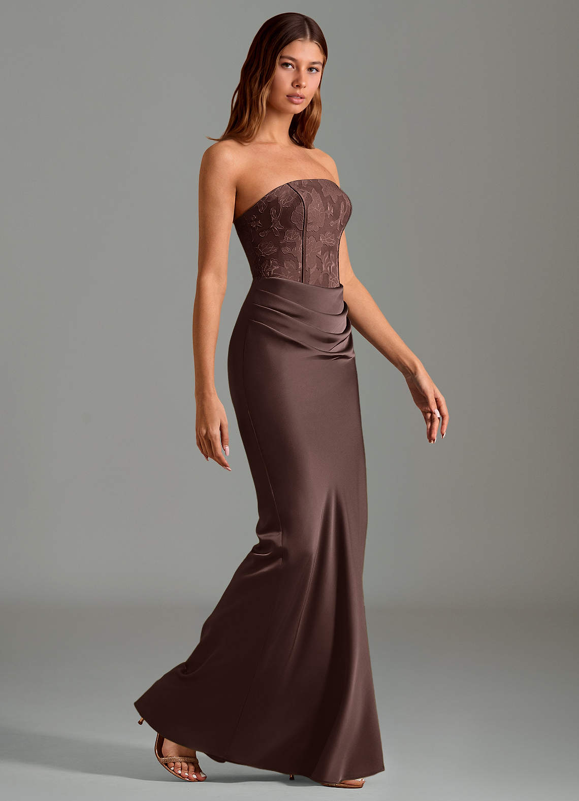 Emilia Mermaid Strapless Stretch Satin and Floral Burnout Bridesmaid Dress in Ganache