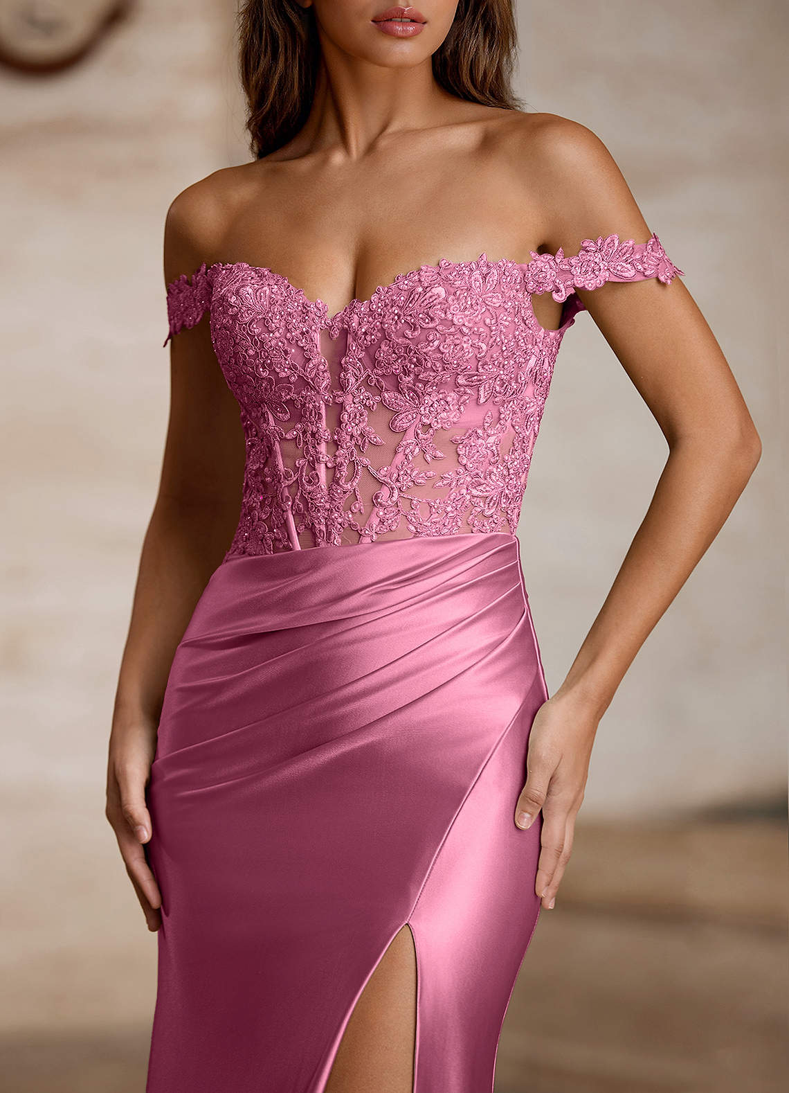 Wrentino Mermaid Off-the-Shoulder Stretch Satin Evening Dress in Dusty Pink