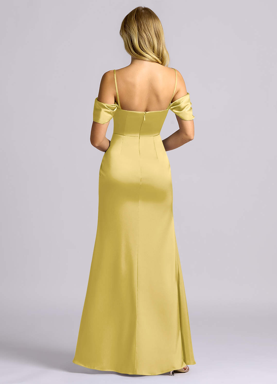 Auden Sheath Off-the-Shoulder Stretch Satin Bridesmaid Dress in Canary
