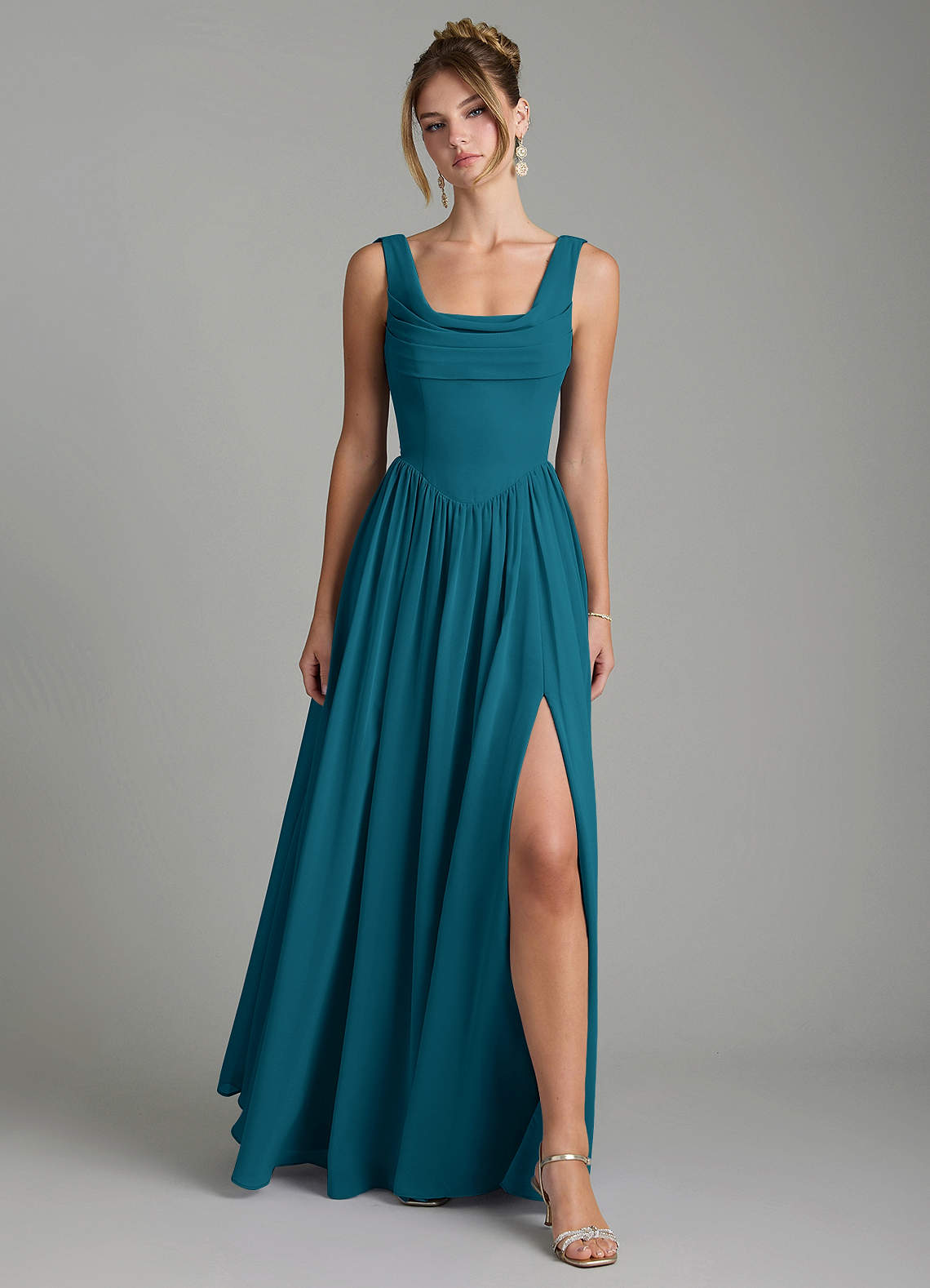 Novi A-Line Square-Neck Chiffon Bridesmaid Dress in Ink Blue