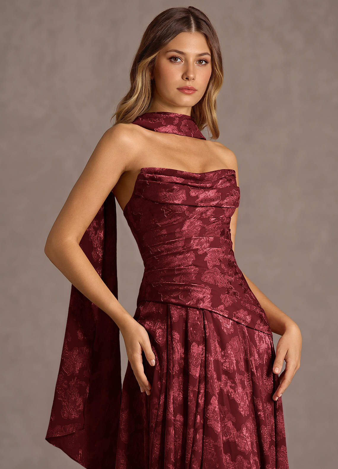 Gabriela A-Line Corset Fil Coupé Wedding Guest Dress in Wine